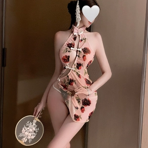 Pink floral cheongsam lingerie with red rose print and high slit detail for women