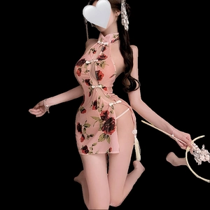 Sexy pink floral mesh cheongsam lingerie with red roses and side tie-up details
