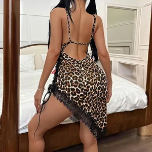 Sexy leopard print nightgown with deep V-neck, lace trim, and open back design