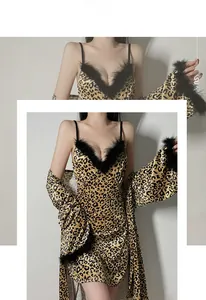 Detailed leopard print velvet sleepwear set featuring black faux fur trim on cuffs and hem