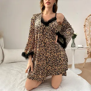 Velvet leopard print sleepwear set with faux fur trim, featuring a slip dress and robe