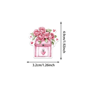 Detailed view of watercolor Valentine sticker showing mailbox and rose with size specs