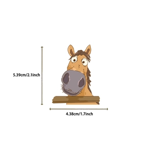 Detail showing cartoon horse sticker dimensions 5.39x4.38 cm on white background