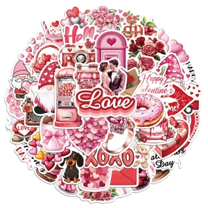50pcs Valentines Day stickers with pink hearts roses and cute dog motifs for DIY decor
