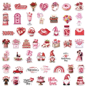 Detail of waterproof Valentine's Day stickers with heart and gnome watercolor designs