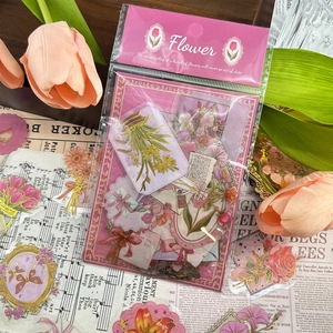 50pcs vintage floral PET stickers with gold foil for DIY crafts and journaling decoration