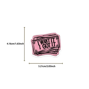 Pink cartoon money sticker with text I want it I got it for laptop and scrapbooking