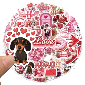 50pcs waterproof Valentine stickers with cute dachshund and romantic heart designs for DIY