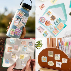Detail shots of inspirational English quote stickers applied on various surfaces and items