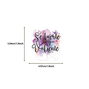 Detailed view of waterproof Spanish motivational sticker Josué 1:9 with purple flowers