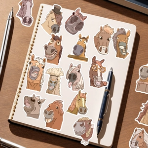 Funny cartoon horse stickers on a notebook with creative abstract expressions