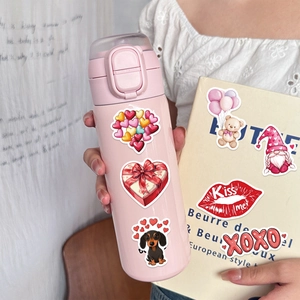 50pcs waterproof Valentine stickers with hearts and bears on a pink bottle and notebook