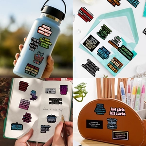 Macro shot showing sarcastic quote stickers on water bottles, laptops, and travel bags