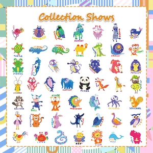 Detail showing 50 waterproof cartoon animal stickers with English names for DIY crafts