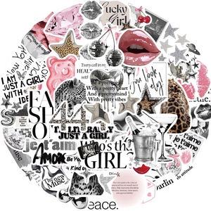 50pcs Silver Lucky Girl aesthetic stickers in pink and black for journals and laptops