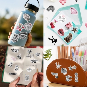 Collage showing Silver Lucky Girl stickers on water bottle, notebook and storage box