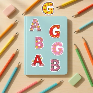 Waterproof cartoon alphabet DIY stickers with floral patterns on blue notebook cover
