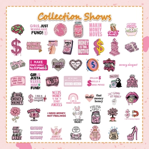 Collection of 50 pink money-themed girl power cartoon stickers for laptops and journals