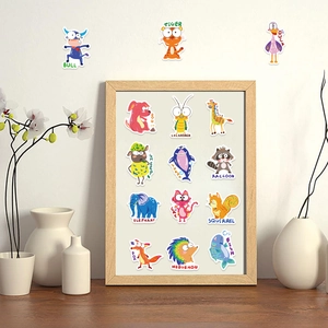 50 pieces of waterproof cartoon animal stickers for guitars and laptops in a wooden frame