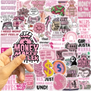 Detailed close-up of pink Money Maker Hustler sticker for guitars and laptops