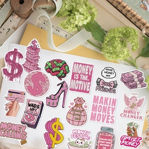 50 pieces of pink aesthetic money stickers with currency symbols for journal and water bottle
