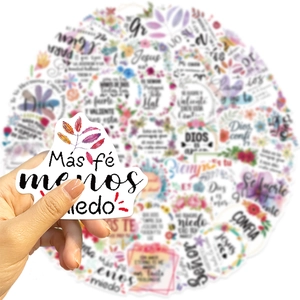 Spanish religious vinyl stickers with 'Más fe menos miedo' text and floral design