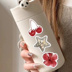 Creamy white vacuum flask with 3D panda lid and artistic cherry and floral DIY stickers