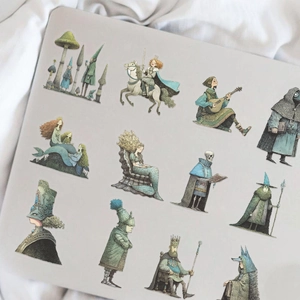 Close-up of vintage forest fairy tale PET stickers on a laptop for DIY journaling