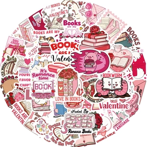 Pink Bookish Valentine stickers featuring books, cats, and roses for DIY scrapbooking