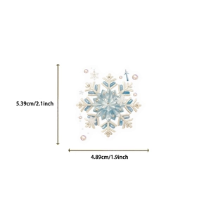 Blue snowflake PET sticker with dimensional details showing size in cm and inches