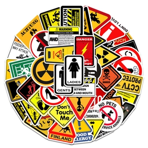 Detailed view of assorted waterproof PVC warning sign stickers in a stacked circular layout