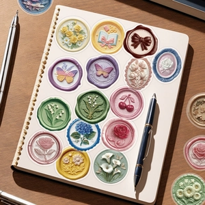 Detailed macro view of 3D embossed floral wax seal stickers on a spiral notebook