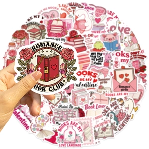 Detail of Valentine bookish stickers featuring heart books and rose illustrations