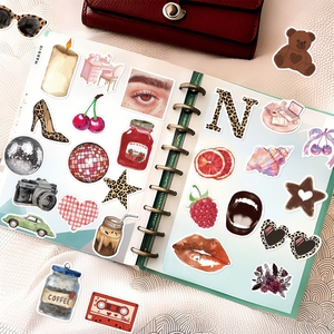 Close-up of Y2K style aesthetic stickers on a notebook featuring fashion and food designs