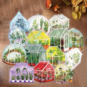 50pcs waterproof clear PET stickers featuring watercolor greenhouse and plant designs