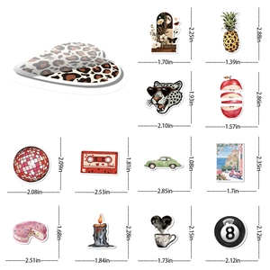 Detailed size chart for Y2K graffiti stickers featuring leopard heart and disco ball designs