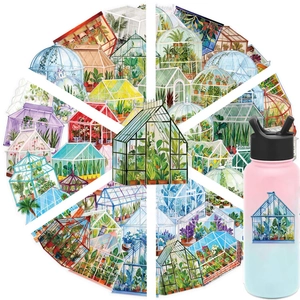 Detail of greenhouse plant stickers on a water bottle with floral illustration designs