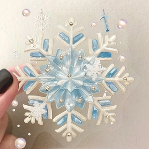 Aesthetic winter snowflake PET stickers with blue ice crystals and pearl beads decor