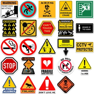Detailed grid of waterproof warning stickers for luggage and skateboards with vibrant colors