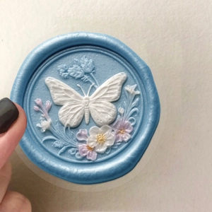 3D floral embossed PET sticker with a blue pearl butterfly seal for DIY journals
