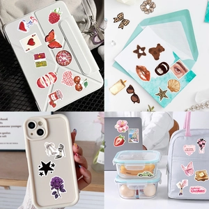 Waterproof Y2K aesthetic girl stickers shown on laptop and phone cases in a 4x4 grid view