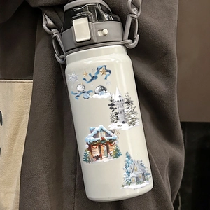 Insulated white stainless steel bottle with winter theme stickers and carry strap