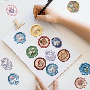 50pcs creative floral relief PET stickers with 3D wax seal effect for DIY scrapbooking
