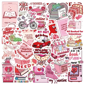 50pcs Valentines Day Bookish stickers set with pink hearts and cute reading animals