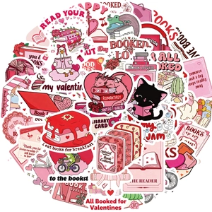 Set of 50 Bookish Valentine's stickers with cute cats and books in pink and red tones