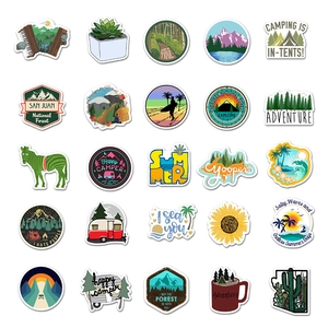 Set of 25 waterproof outdoor camping stickers featuring mountains, forest and nature designs