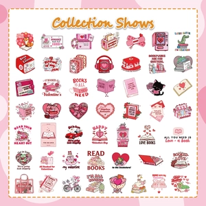 Detailed collection show of 50 pink Valentine Bookish stickers with cute reading illustrations