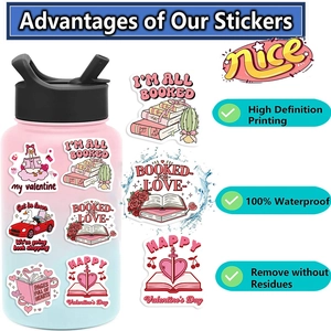 50pcs bookish Valentine cartoon stickers for water bottles and laptops with waterproof finish