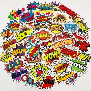 Macro view of 50 pop art graffiti stickers featuring boom and zap comic sound effects