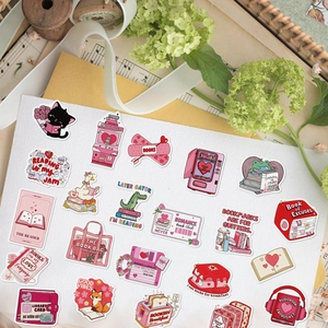 Cute pink Bookish Valentine stickers featuring cartoon animals and reading themes for journaling
